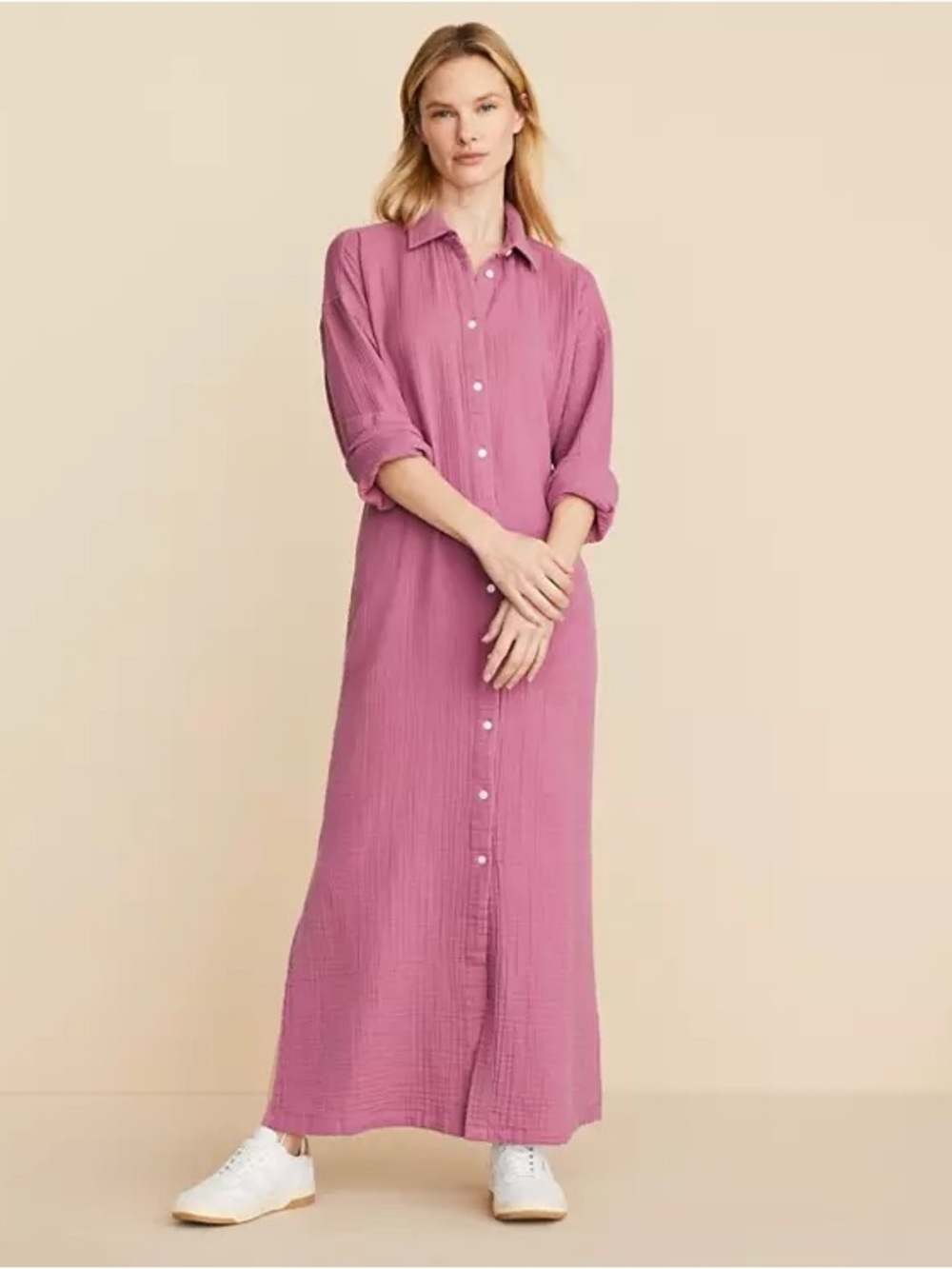 Lou & Grey / rosy mauve Gauze Maxi Shirtdress 
 Medium Button Triple Cloth M